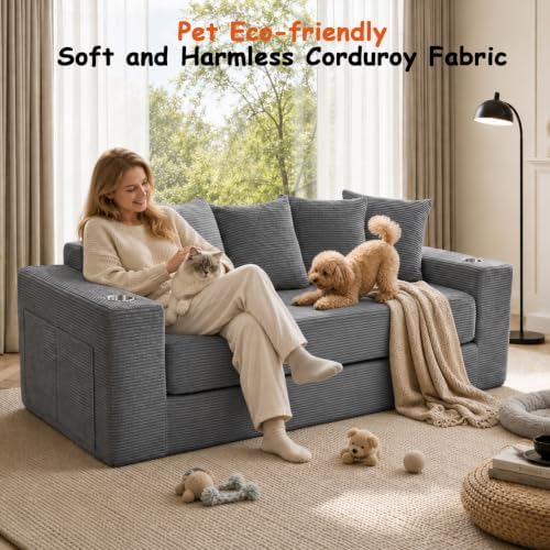 76" Convertible Sofa Bed, Corduroy Boneless Couch with Cup Holders & Pocket