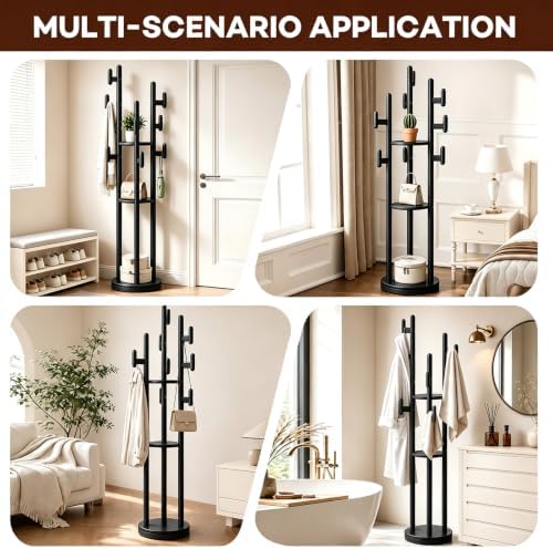 Rotary Coat Rack Freestanding - Solid Wood Coat Tree with 9 hooks & 3 Storage Shelves for Purse, Bag, Jacket, Hat, Corner Hanger Stand Racks for Hall, Entryway, Office, Modern Clothes Holder(Black)