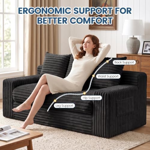 Boneless Couches for Living Room, 3 Seater Boneless Loveseat Sofa, Premium Memory Foam Couch in a Box, Cozy Bean Bag Couch, Lazy Floor Sofa & Loveseat for Bedroom Office Lounge Apartment,Black