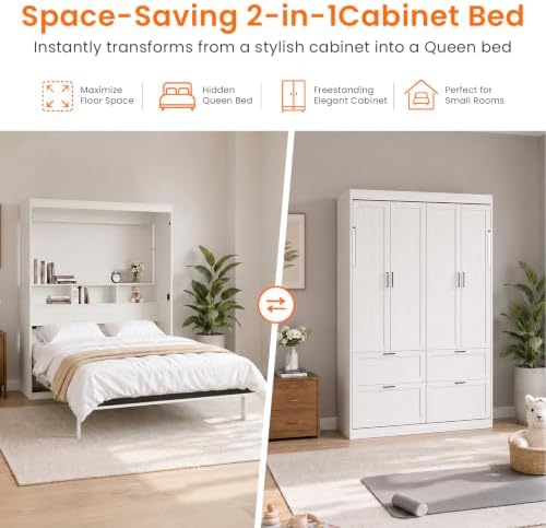 Electric Vertical Full Murphy Bed with Storage Shelf-White
