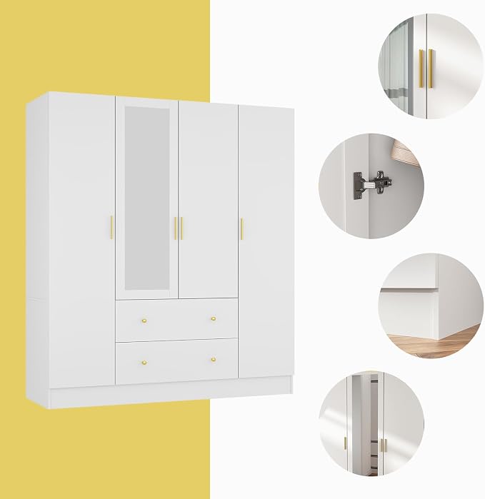 FUNSIR 4 Doors Bedroom Wardrobe, Wood Armoire with Mirror, 2 Clothes Hanging Rails, 5 Storage Shelves and 2 Drawers, 63" Wide Bedroom Storage Unit Clothes Organizer, White(70.9" H)