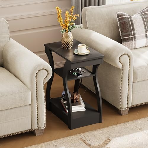 WLIVE End Tables Living Room Set of 2 with Charging Station Black