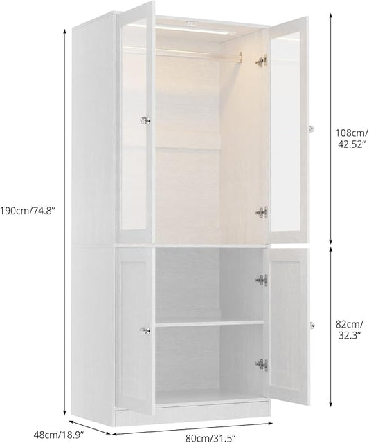 VOWNER 75" Tall Armoire Wardrobe Closet with Drawers & Lights, Clothing Storage Cabinet with 2 Glass Doors & Hanging Rod, Wooden Armoire Storage Cabinet for Bedroom (White Oak, 2 Doors)