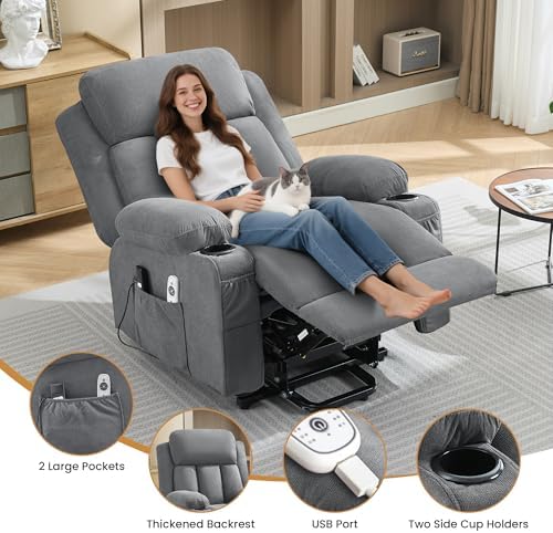 MAHOMICO Power Lift Recliner Chair for Elderly with Vibration Massage and Lumbar Heating Electric Oversized Single Sofa with Cup Holder and USB Charge Port for Living Room