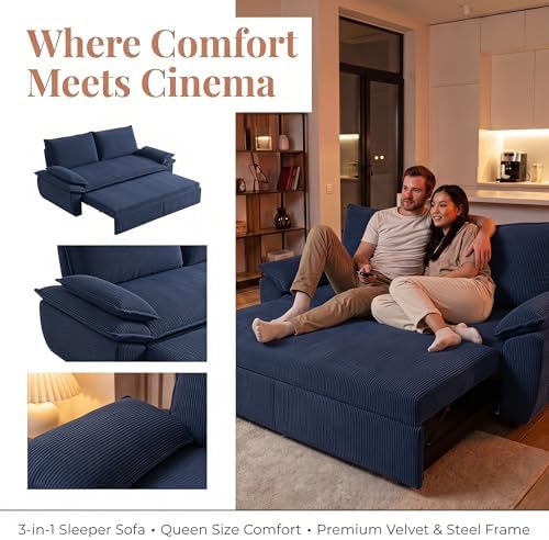 NicBex 73.2" Queen Pull Out Sofa Bed, 3-in-1 Convertible Futon Sleeper Sofa with Pillow Armrest, Modern Velvet Multi-Functional Couch Bed for Small Space, Apartment, Bedroom, Living Room, Blue