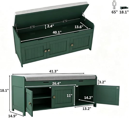 HOMEFORT 41.3" Shoe Bench with Lift Top Storage, Entryway Bench with Cushioned Seat, Wooden End of Bed Bench, Shoe Cabinet Bench with Hidden Storage Space, for Bedroom, Hallway,Green
