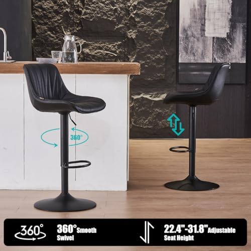 Kidol & Shellder Bar Stools Set of 2 Adjustable Swivel Counter Height Barstools Modern Upholstered PU Leather Bar Chairs Stools for Kitchen Island Black