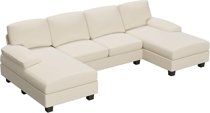 Furniwell Convertible Sectional Sofa Couch, 4 Seat Sofa Set for Living Room U-Shaped Modern Fabric Modular Sofa Sleeper with Double Chaise & Memory Foam (Fabric, White)