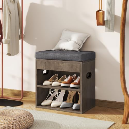 Small Shoe Storage Bench with Cushion and Drawer, Silver Gray