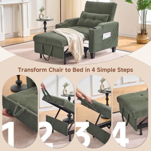 3 in 1 Convertible Sleeper Chair, Corduroy Single Sleeper Sofa Bed, Pull Out Sofa Bed Chair with Adjustable Backrest & Side Pockets for Living Room, Oliver Green