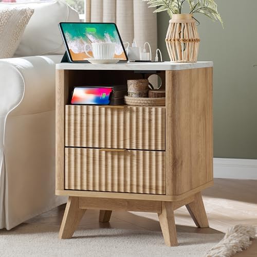 T4TREAM 18" Fluted Nightstand with 2 Drawers Set of 2, Natural Oak