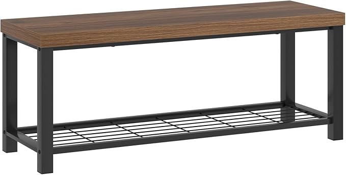 FOLUBAN Modern Entryway Bench - Rustic Wood and Metal Shoe Storage for Hallway Front Door Entrance, Industrial Indoor Seat for Bedroom Living Room, 43 Inch Walnut