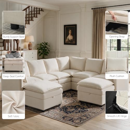 Modular Sectional Storage Sofa, 105" Cloud Deep Seat V-Shaped Couch, Beige