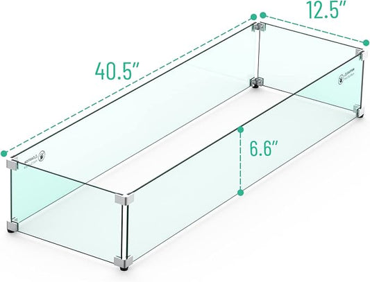 Skyflame Linear Fire Pit Wind Guard – 40.5" x 12.5" Thick Tempered Glass Firepit Screen/Clear Shields for Propane Fire Pit Table