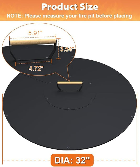 32" Wooden-Handle Fire Pit Lid for Pits up to 30", Round Metal Bonfire Pit Burner Pan Cover, Smokeless Fire Pit Cover for Fire Tables, All-Weather Resistance Outdoor Firepit Accessory