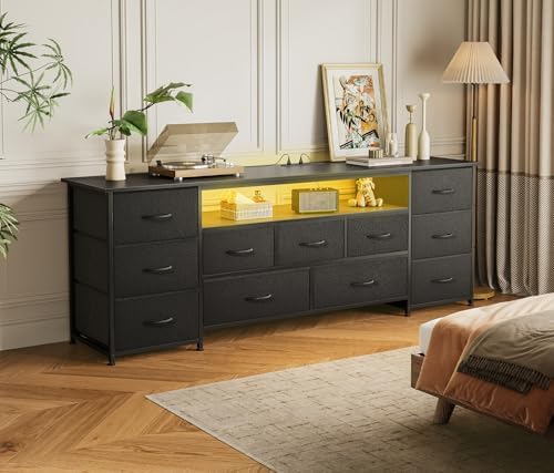 Huuger 63 Inch TV Stand for 65, 70 Inch TV, 11 Drawer Long Dresser with Power Outlets and LED Lights, Entertainment Center with Storage, Black Dresser with PU Leather Surface