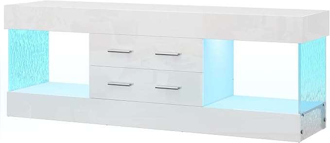 Bestier Modern 60 Inch TV Stand for 65/60/55+ TV, High Gloss White Entertainment Center with 2 Drawers & LED Lights, Stone-Pattern Side Panels TV Consoles for Living Room, Bedroom