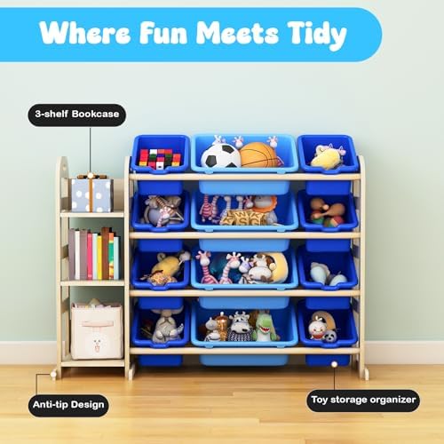Toy Storage Organizer with Bookshelf, Wooden Toy Organizers with 3 Shelves 12 Storage Bins, Kids Bin Shelf Toys Box Bookcase for Playroom Bedroom Organization, Blue