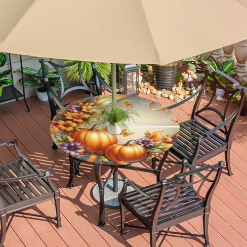 Pumpkin Outdoor Round Fitted Tablecloth with Umbrella Hole Zipper 36-44