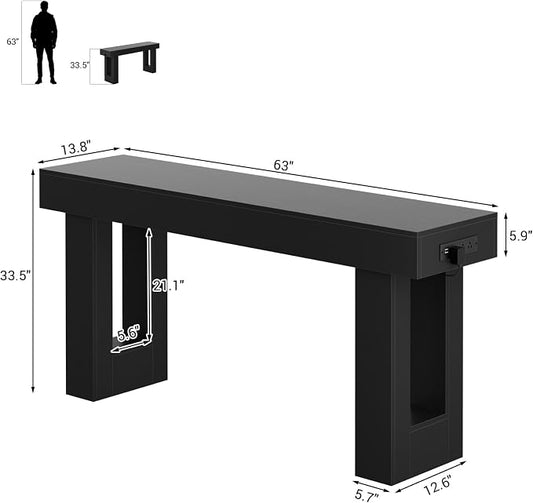 Unikito 63'' Farmhouse Console Table with Power Outlets and Sensor Light, Wooden Entryway Table with Storage, Rectangular Sofa Tables Behind The Couch for Entrance, Hallway, Living Room, Black