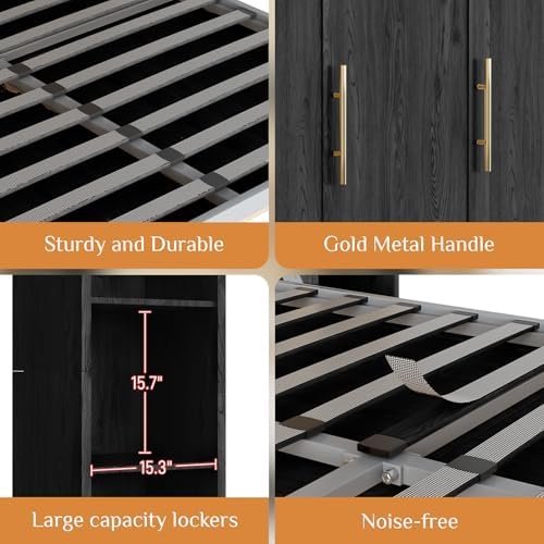 Queen Size Murphy Bed with 2 Storage Cabinet, Farmhouse Wood Hidden Foldable Wall Bed Frame, Space Saving Beds with Shelves, Murphy Bed Queen for Guest Room,Apartment,Office,Bedroom, Black Grey