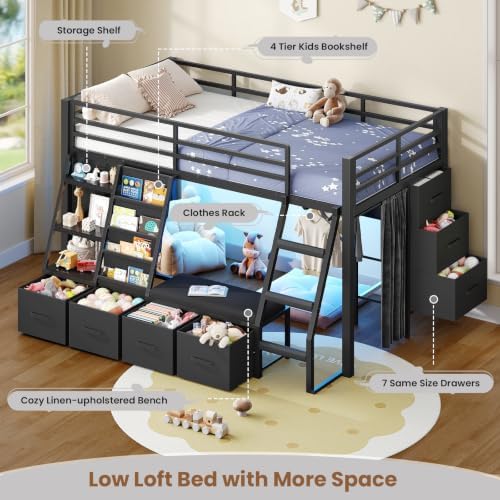 MSmask Low Loft Bed Twin with 7 Storage Drawers & Reading Nook, Black