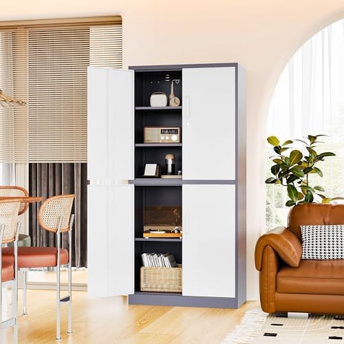 Fesbos 71' Metal Storage - Lockable File Cabinet with Doors & Shelves - Gray/White Steel for Garage, Home, Office