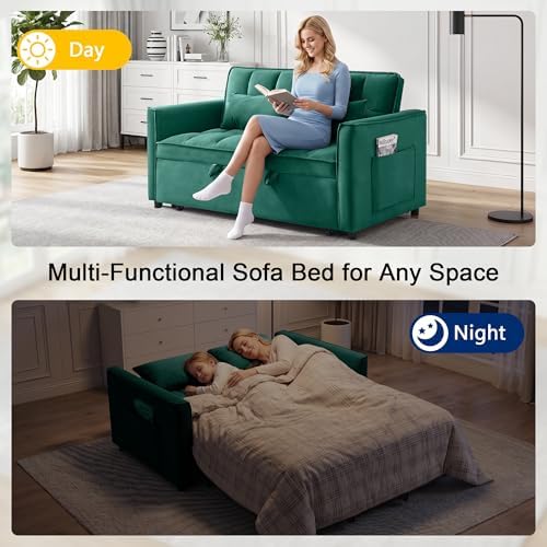 53" Sofa Bed, Velvet 3-in-1 Pull Out Couch & Loveseat Sleeper Sofa, Compact Convertible Folding Couch with Adjustable Backrest for Small Spaces (Green)