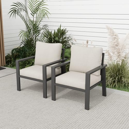 Outdoor Sofa Chair Aluminum Patio Couch Set of 2 All-Weather Patio Sofa Armchair Furniture Set Chairs with Beige Cushions