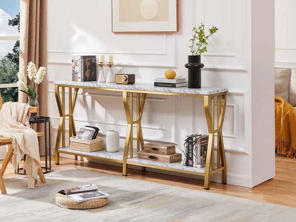 HOMISSUE Sofa Console Table, 63" Extra Long Sofa Table with 2-Tier Storage, Industrial Narrow Console Tables Behind Couch, Hallway Table for Entryway, Living Room,Gold