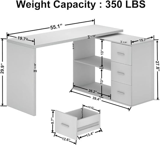 HSH White L-Shaped Computer Desk with 3 Drawers and 2 Shelves, Reversible Home Office Corner Desk for Writing Study Work Executive, 55 Inch Bedroom Wood Table Workstation Desk with Storage Cabinet