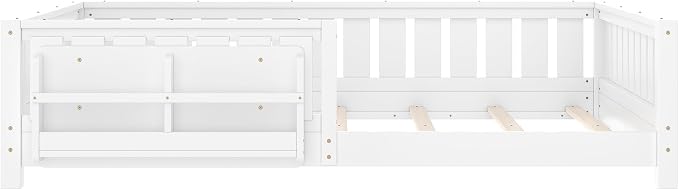 Bellemave Queen Size Floor Bed with high Rails and with Built-in Bookshelf for Kids, Girls, Boys, Wood Montessori Floor Bed Without Door, White