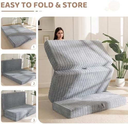 BYBYME Corduroy Memory Foam Tri-Folding Mattress, 6 Inch Gel Folding Mattress Topper, Foldable Soft Guest Bed Camping Pad, Washable Cover (Grey, Full)