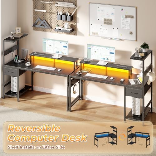 Korfile 54" Computer Desk with Power Outlets, LED, Side Hooks, CPU Stand