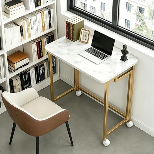 JSB 23.6" Folding Desk for Small Spaces,Mobile Portable Rolling Laptop PC Table on Wheels,Foldable Computer Desk for Home Office,Bedroom,Dorm,Space Saving White&Gold