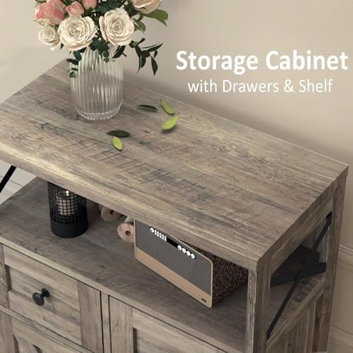 Grey Farmhouse Storage Cabinet with Doors and Drawers, Small Pantry Cabinet
