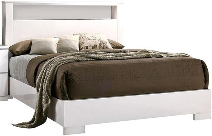 Pemberly Row 4 Pc Queen Bedroom Set, Solid Wood and Veneer, High Gloss White Finish, LED Headboard with Shelf, Chrome Accents, Includes Nightstand, Dresser, Mirror, Modern Bedroom Furniture