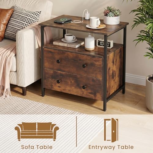 27" Nightstand Set 2 with Charging Station & 2 Drawer, Retro Brown