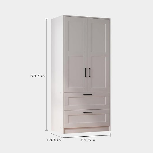 Fenghua Lizhi Wood White Wardrobe Closet with 2 Doors and 2 Drawers,Bedroom Freestanding Armoire Storage Cabinet with Shelves,Wooden Wardrobe Combination for Hanging Clothes (White 2 Drawers)