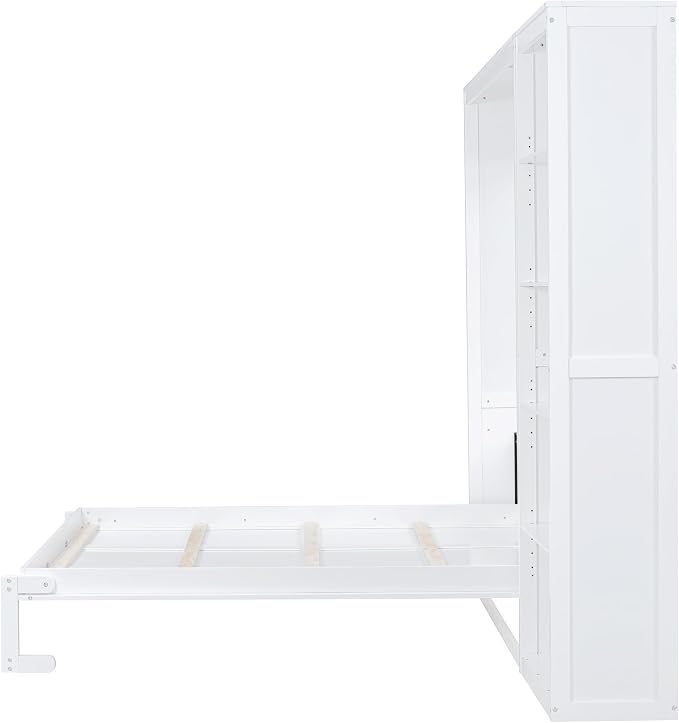 Merax Space-Saving White Murphy Bed Queen Size with Adjustable Storage Shelves, Multifunctional Foldable Wall Bed for Small Spaces Studio Study Office Guest Room