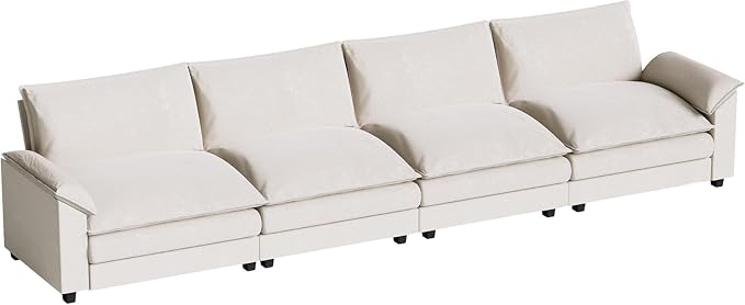 Homall 159" Modular Sectional Sofa, Linear Sofa Couch with Double-Layer Cushion, DIY Combination Chenille Deep 4-Seat Cloud Couch for Living Room, Apartment (White, Linear Sofa)