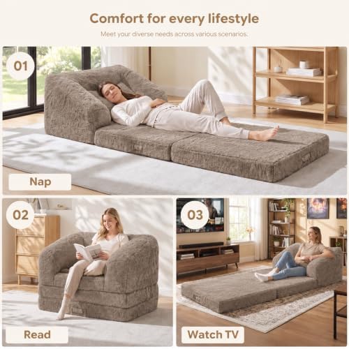 Boneless Chair Futon Sofa Bed,Convertible Sleeper Chair with Pull Out Handle,Fold Out Chair Bed Small Boneless Couch for Living Room, Guest Room,Bedroom,Brown