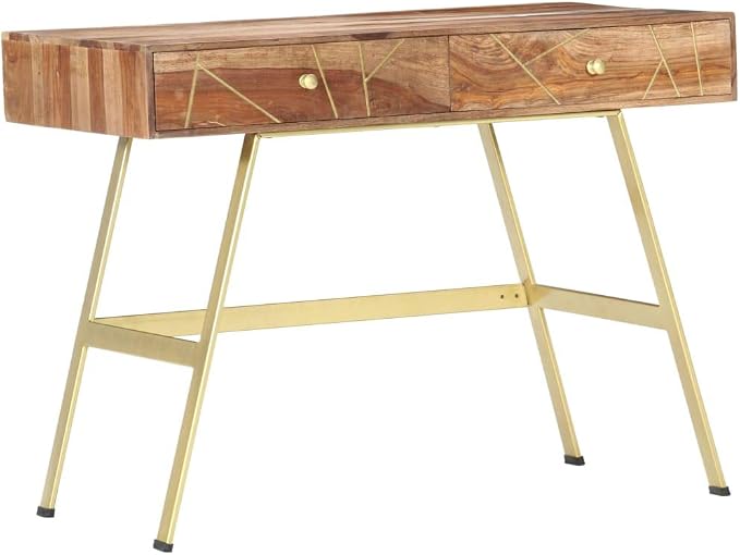 vidaXL Writing Desk, Computer Desk with Storage Drawers, Console Table with Steel Legs for Living Room Hallway, Modern Style, Solid Acacia Wood