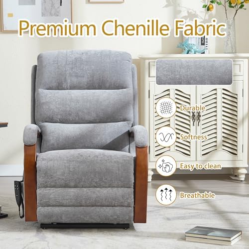 Power Lift Recliner Chair for Elderly People, Dual Motor Lift Chair with Vibration Massage and Heat, Lay Flat Recliner with Solid Wood Armrest, Standing Assistance Reclining, Chenille Fabric Gray