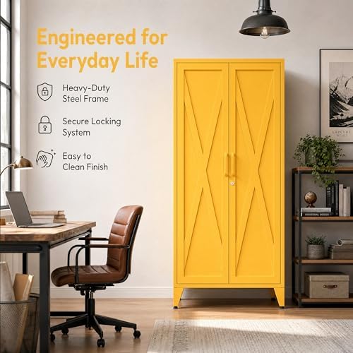 61" Metal Pantry Cabinet with Lock and 3-Tier Adjustable Shelves, Freestanding Heavy Duty Storage Cabinet Locker for Kitchen, Home Office, Garage Yellow