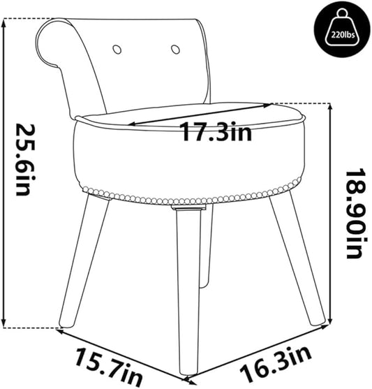 2BYFVanity Chair with Back, Velvet Stool with Low Backrest & Silvery Nailhead Trim, Round Vanity Seat for Bedroom and Bathroom Makeup, Support 220lbs, Easy Assembly (Gray)