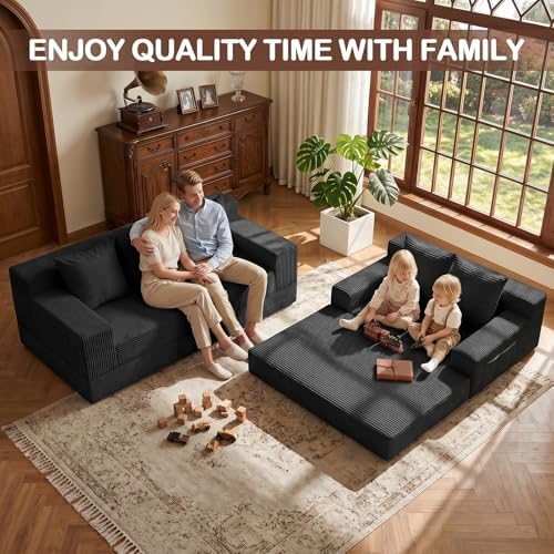 Boneless Loveseat Couch Folding Sofa Bed, Foldable Floor Futon Sleeper Couch Bed - Convertible Sofa Bed, Corduroy Pull Out Sofa Bed with 2 Pillows for Living Room & Bedroom
