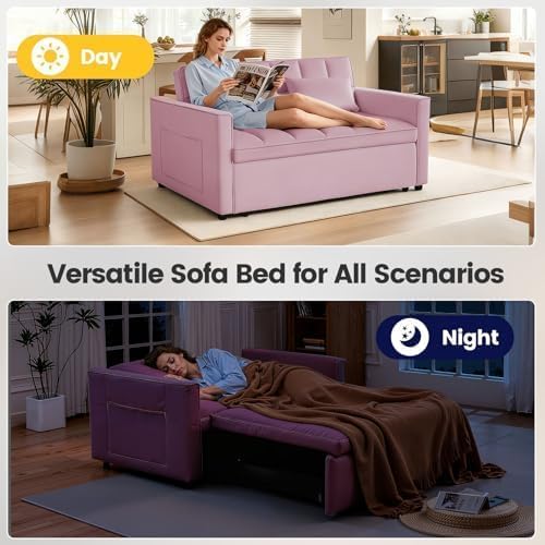 Convertible Sofa Bed, Pull Out Couch with Side Pockets, 3 in 1 Velvet Fabric Loveseat Sleeper Sofa Bed, Pull Out Couch with Adjustable Backrest for Living Room, Bedroom, Apartment, Pink