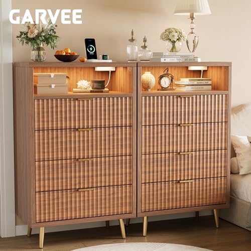 28"W 4 Drawers Dresser for Bedroom with LED and Charging Station, Walnut