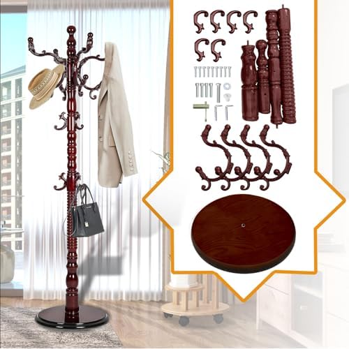 Wooden Coat Rack Freestanding with Round Base, 18 Hooks, Walnut